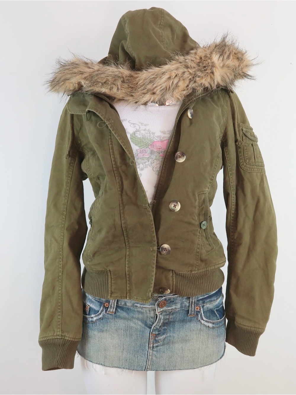 olive green faux fur hooded jacket y2k